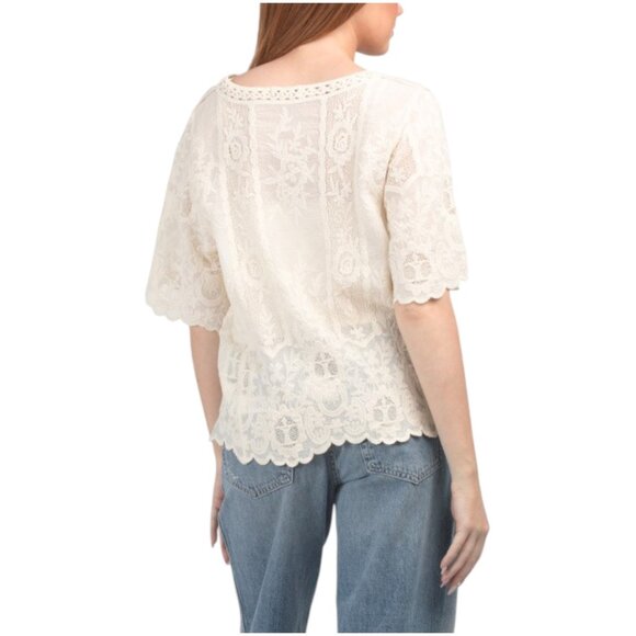 DEMOCRACY V-neck Crinkle Elbow Sleeve Top With Crochet Insets - Picture 2 of 3